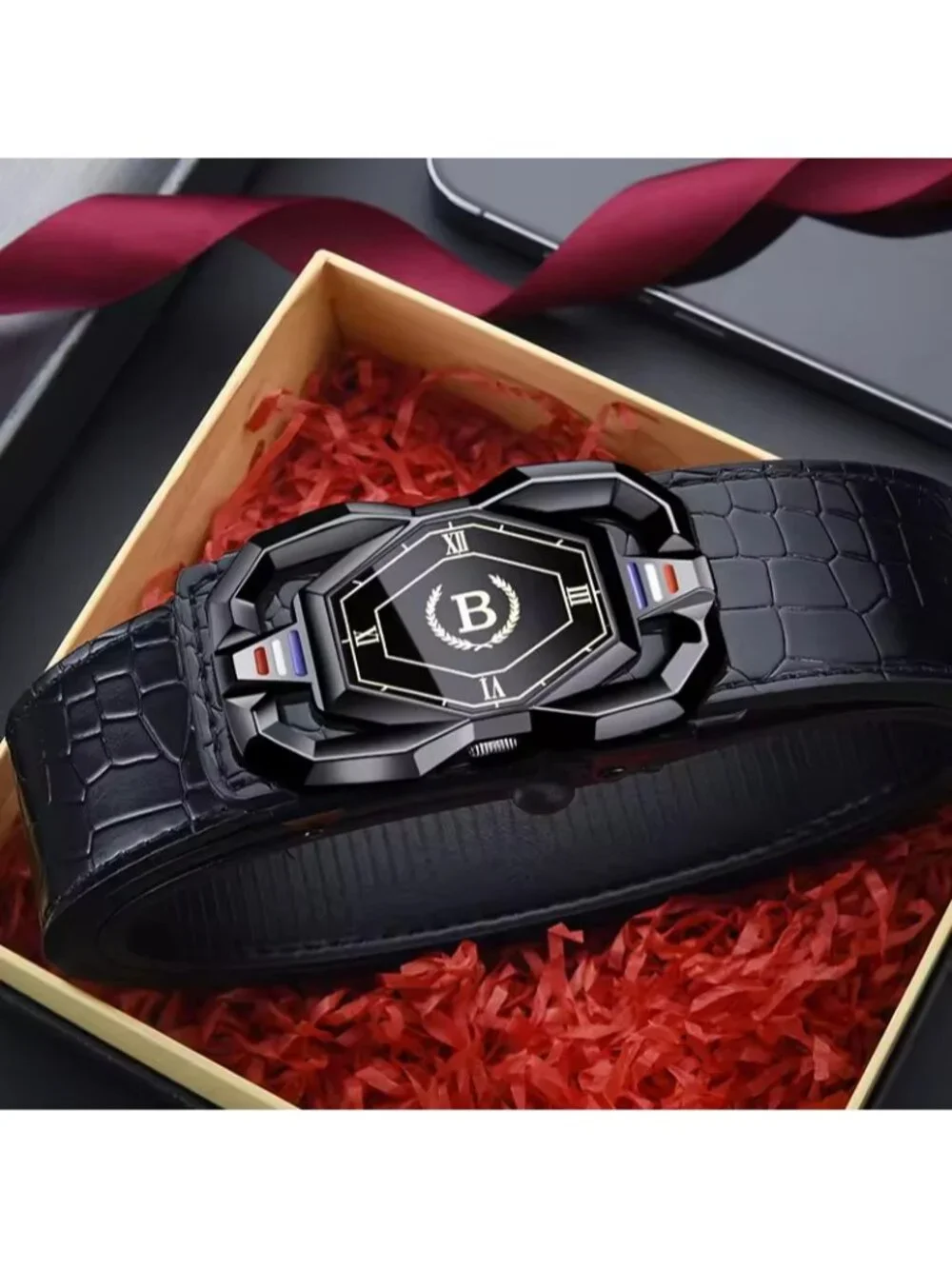 Elegant Fashion Men Belt Adjustable Black Buckle Crocodile Black Length 50.5 in